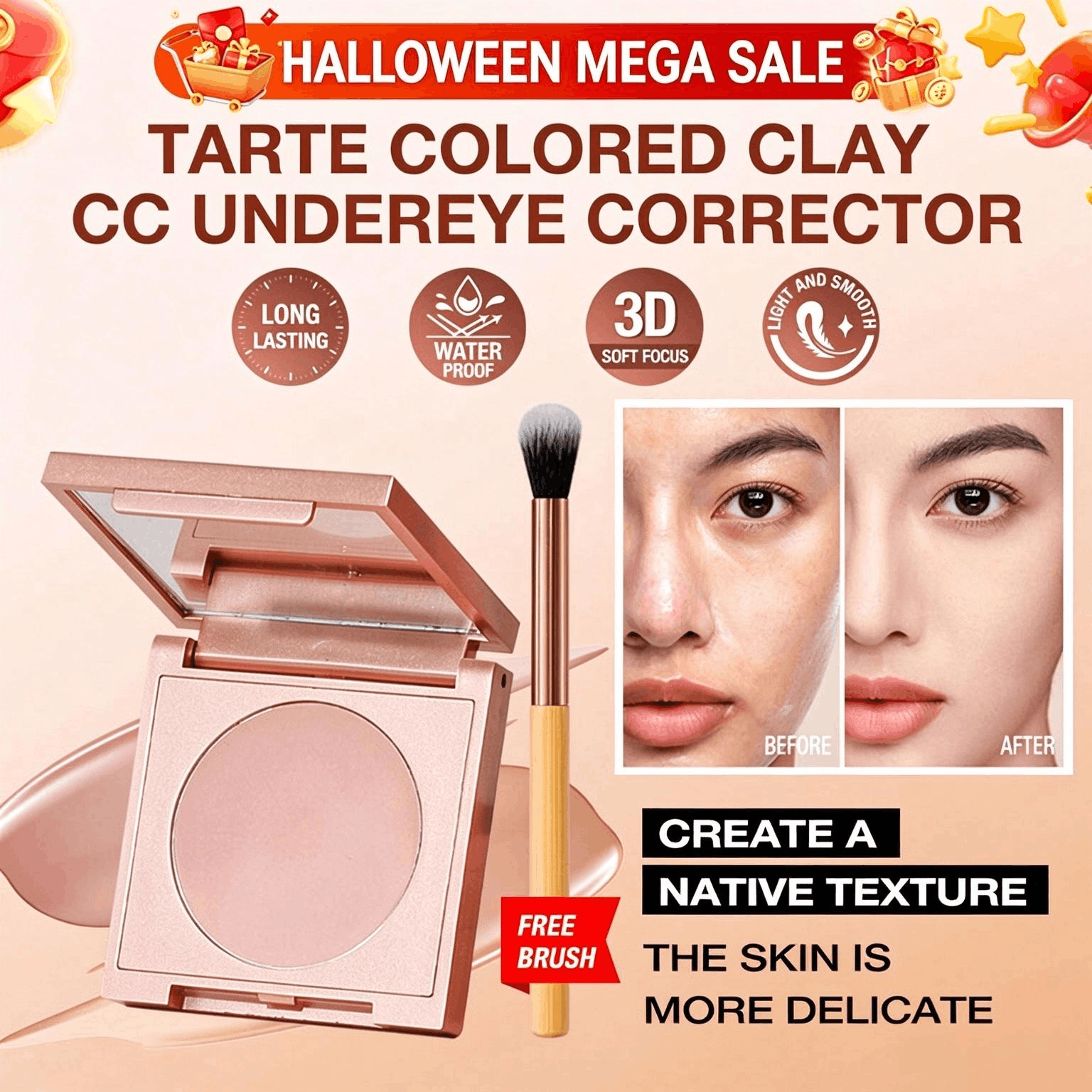 Halloween Mega Sale get Free Brush- Colored Clay Undereye Corrector-You deserve to look refreshed and confident-experience the transformation today